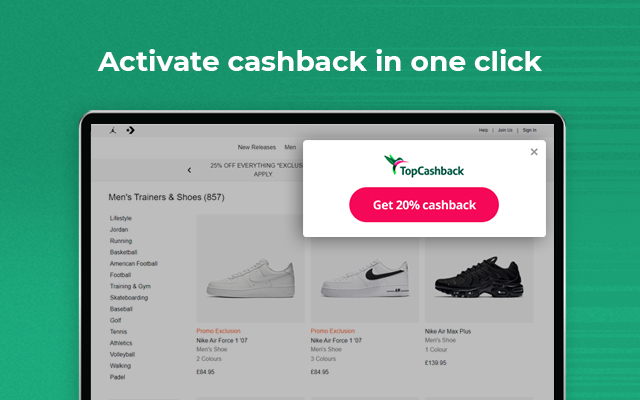 First example image: 'Activate cashback in one click', with the 'Get Cashback' pop-up when you visit a retailer.