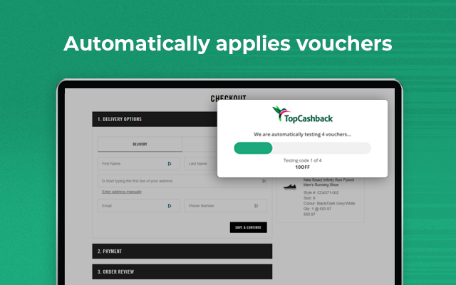 Third example image: 'Automatically applies vouchers', with the loading bar which shows while the extension is applying vouchers.